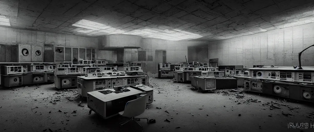 Prompt: abandoned computer laboratory from 1 9 5 0 s - mid xx century - vintage obsolete huge supercomputers computers - chernobyl control room style - high resolution - sharp focus 4 k - dark atmosphere - high contrast - retro futuristic - biomechanic mutation - volumentric lighting - cinematic atmosphere - concept art by hans giger, ruan jia, steve mccurry