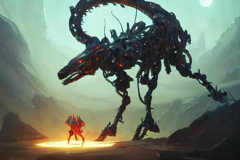 Image similar to longleg machine mecha animal beast dragon robot of elden ring bioluminiscence, behance hd by jesper ejsing, by rhads, makoto shinkai and lois van baarle, ilya kuvshinov, rossdraws global illumination