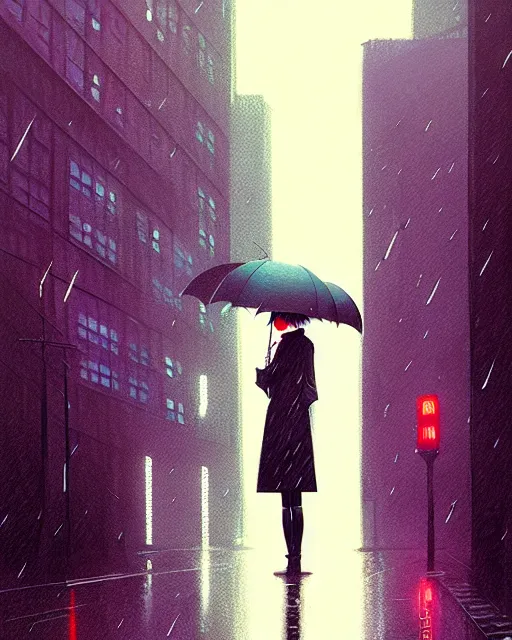 Prompt: blade runner, hyper - realistic portrait of a girl with umbrella, real street, rain, cinematic, by atey ghailan, by greg rutkowski, by greg tocchini, by james gilleard, by joe fenton, by kaethe butcher, 8 k, very intricate, 8 0's, night