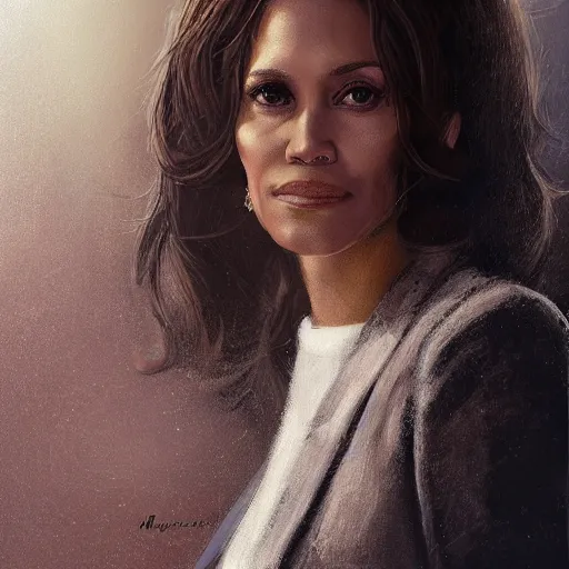 Image similar to portrait of maci holloway, first woman elected as president in usa, cold but beautiful, about 3 5 years old, highly detailed, mix of halle berry and julia roberts, gong li, olga kurylenko, artstation hd, deviantart, by artgem, greg rutkowski