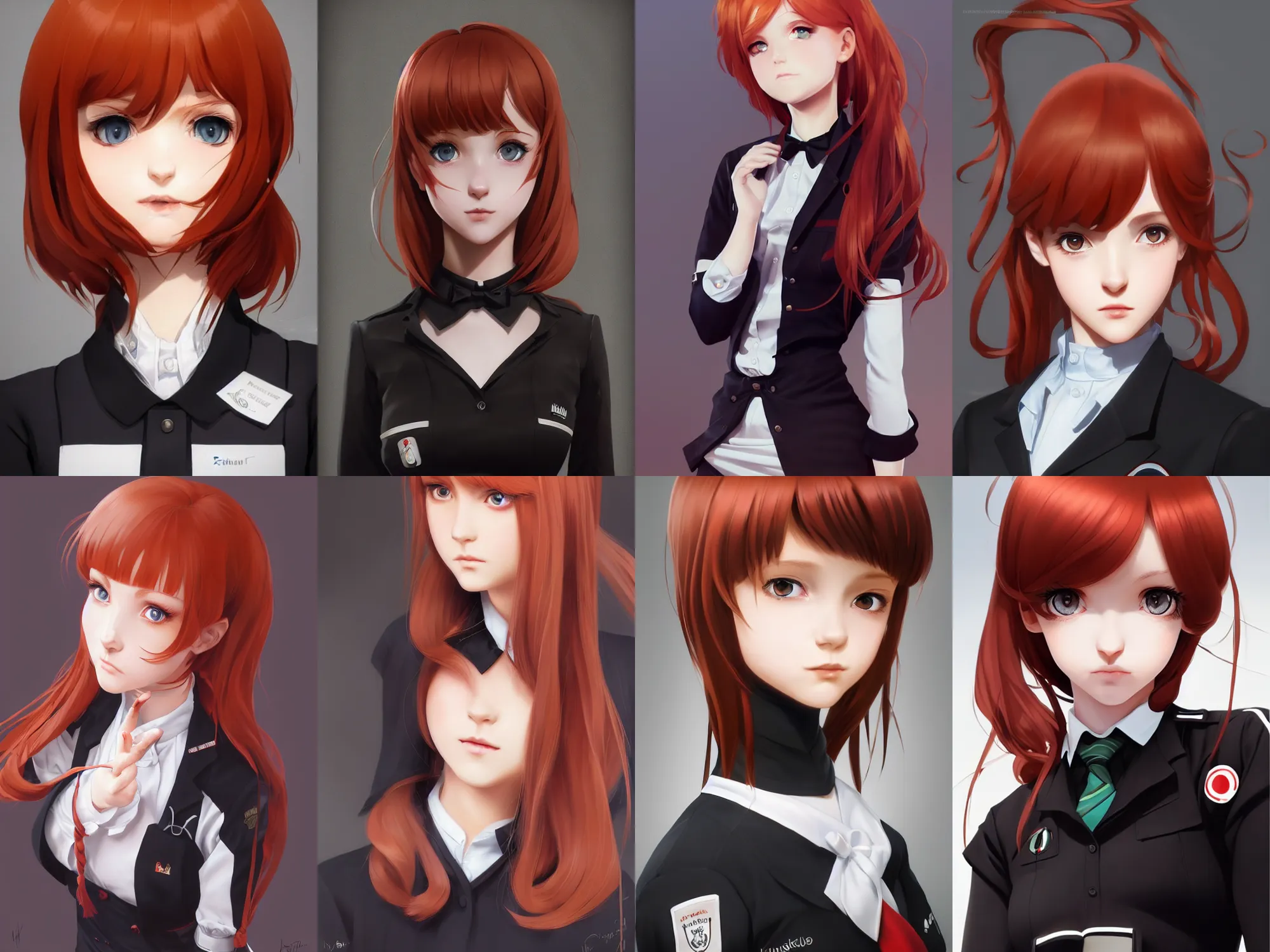 Prompt: Gorgeous ultrarealistic redhead Italian schoolgirl, in black uniform, very detailed stunning eyes. By ilya kuvshinov, krenz cushart, Greg Rutkowski, trending on artstation. Realistic materials, large highlights, accurate shape, clear curvy details, cinematic soft volumetric studio lighting, with backlight