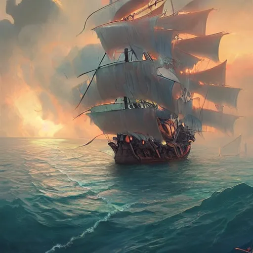 Image similar to a large pirate ship floating on top of a body of water, pirates flag , cgsociety, fantasy art, 2d game art, official art, concept art , behance hd , concept art by Jesper Ejsing, by RHADS, Makoto Shinkaic