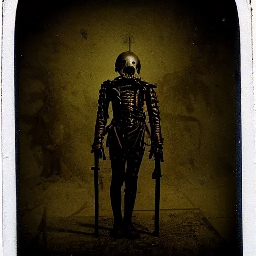 Image similar to full-body dark creepy gothic realistic found photograph polaroid a decapitated soldier with futuristic elements. he welcomes you under with no head, empty helmet inside is occult mystical symbolism headless full-length view. standing on ancient altar eldritch energies disturbing frightening, hyper realism, 8k, sharpened depth of field, 3D