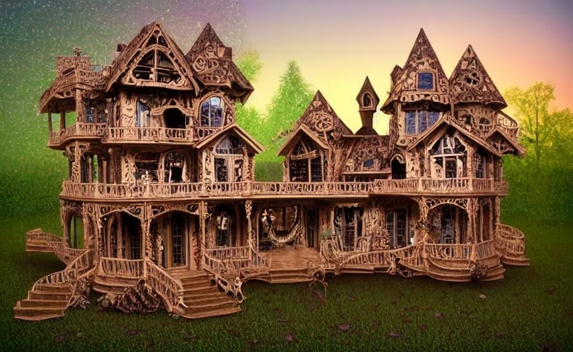 Image similar to one single stand alone huge hyperdetailed elaborate home, seen from the long distance, at night. in a wood made of paper and plastics. maximalist unexpected elements. free sky in plain natural warm tones. 8 x 1 6 k hd mixed media 3 d collage in the style of a childrenbook illustration in pastel tones. matte matte background. no frame hd