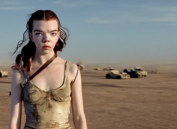 Image similar to anya taylor - joy in mad max fury road, cinestill, anamorphic