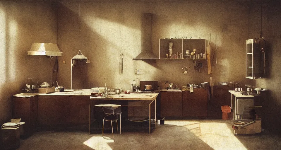 Image similar to IKEA catalogue photo, high end farm house style kitchen, by Beksiński