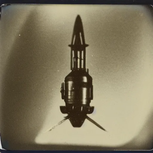 Prompt: old polaroid depicting a small intricate metallic alien probe, hovering at a clearing