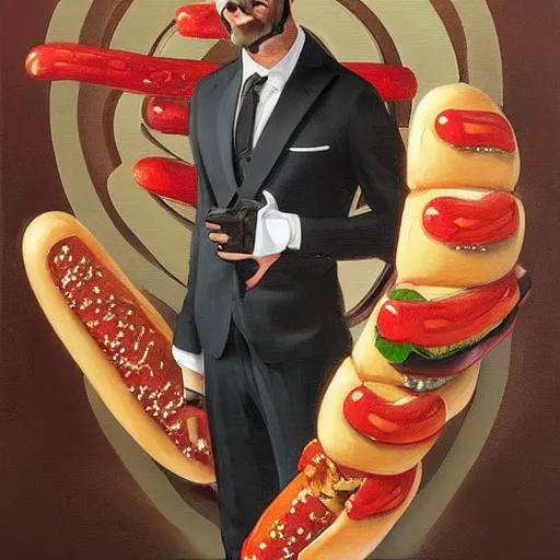 Prompt: man wearing a suit made of hotdog. he is dressed as a superhero. clean elegant painting, beautiful detailed face. by artgerm and greg rutkowski and alphonse mucha