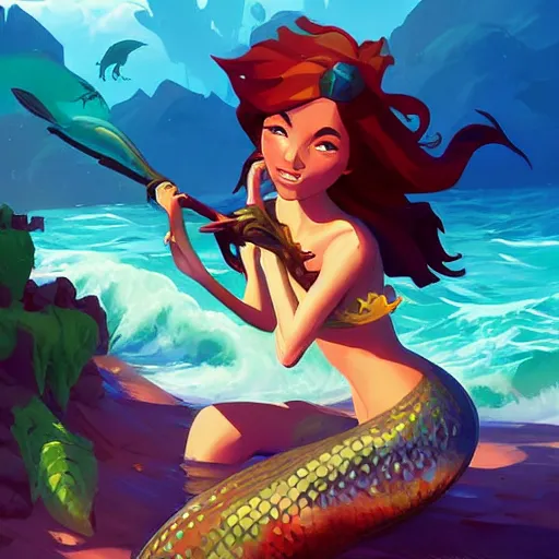 Image similar to painting mermaid treasure on sea of thieves game avatar hero smooth face median photoshop filter cutout vector, behance hd by jesper ejsing, by rhads, makoto shinkai and lois van baarle, ilya kuvshinov, rossdraws global illumination