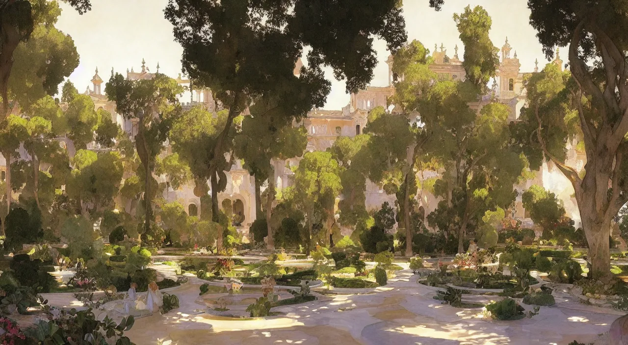 Image similar to A beautiful landscape painting of the the gardens of the real alcazar seville, by Alfons Maria Mucha and Julie Dillon and Makoto Shinkai