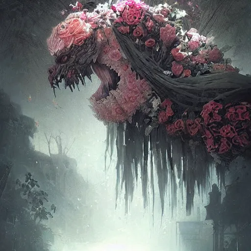 Prompt: a beautiful terrifying monster made out of flowers. ethereal horror fantasy art by greg rutkowski