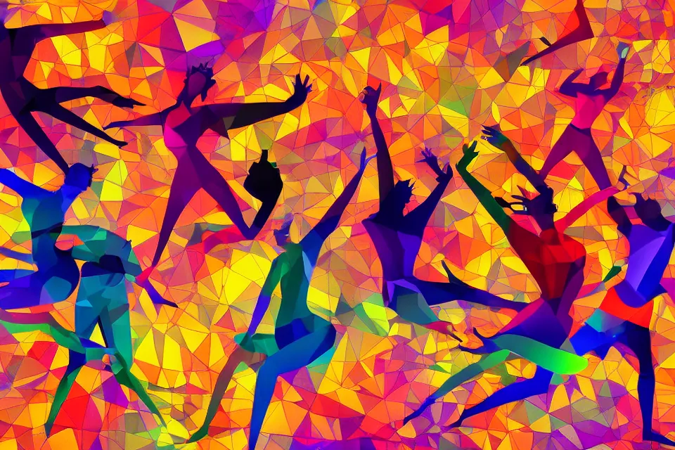 Image similar to a colorful, computer generated, abstract geometric intriguing render, abstract human figures dancing, autumnal colors