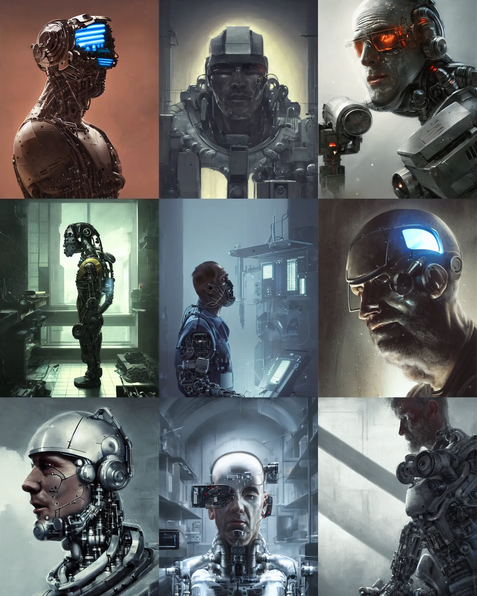 Prompt: a half - masked rugged laboratory engineer man with cybernetic enhancements as seen from a distance, in a laboratory, scifi character portrait by greg rutkowski, esuthio, craig mullins, 1 / 4 headshot, cinematic lighting, dystopian scifi gear, gloomy, profile picture, mechanical, cyborg, half robot, implants, dieselpunk
