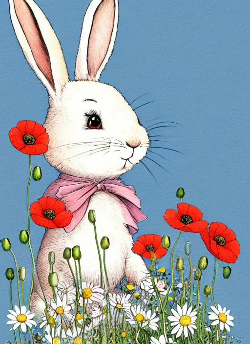 Image similar to a storybook illustration painting of a smiling happy cute rabbit wearing a flower crown, daisies and poppies, by antoine de saint - exupery and annabel kidston and naomi okubo and jean - baptiste monge. a child storybook illustration, muted colors, soft colors, low saturation, fine lines, white paper