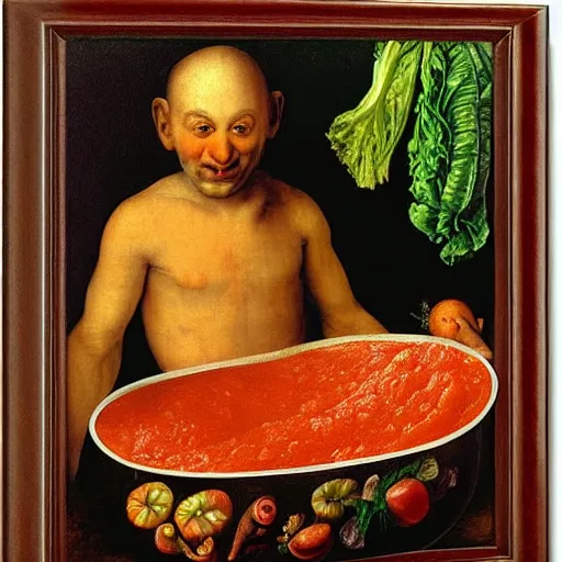 Prompt: a boy sitting in a tub full of tomato sauce, the boy is very happy, a lot of cabbage, by giuseppe arcimboldo and ambrosius benson, renaissance, fruit, intricate and intense oil paint, realistic