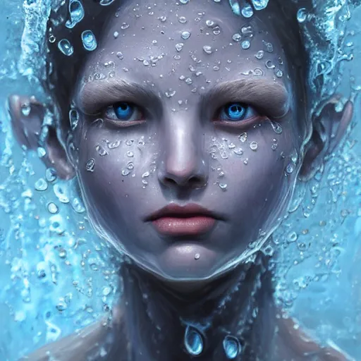 Prompt: a person entirely made of water. Water formed into the shape of a human. Amazing beautiful fantasy art, oil painting, trending on artstation