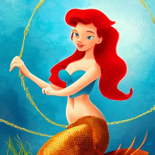 Prompt: disney poster of the little mermaid trapped in a fishing net, distressed look, 4 k, artstation