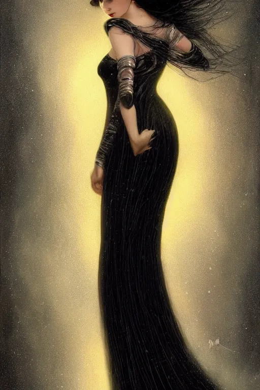 Image similar to Nocturne, glowing, stars, a long-legged elegant evil woman, long black hair, pearl amulet, highly detailed, mysterious, ethereal, dressed in black velvet, haute couture, illustration, dramatic lighting, soft details, painting, by Edmund Blair Leighton, Brom, Charlie Bowater, trending on artstation, faces by otto schmidt