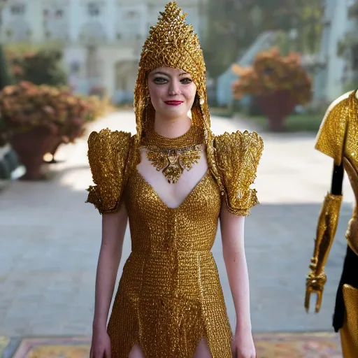 Image similar to A full body shot of Emma Stone wearing a golden Arabian crown , royality, high quality, fully detailed, 4k, in focus, detailed eyes