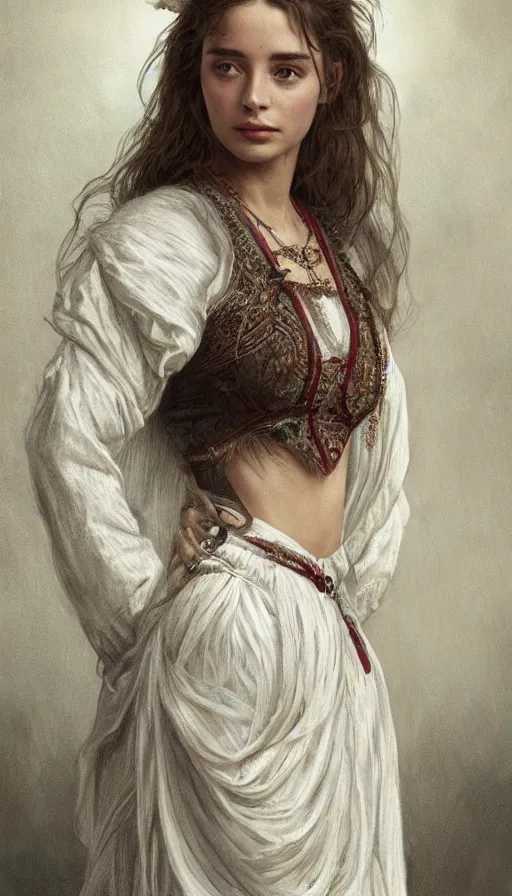 Image similar to young emanuelle beart, traditional bulgarian clothing, fame of thrones, fibonacci, sweat drops, intricate fashion clothing, insane, intricate, highly detailed, surrealistic, digital painting, artstation, concept art, smooth, sharp focus, illustration, unreal engine 5, 8 k, art by artgerm and greg rutkowski and alphonse mucha