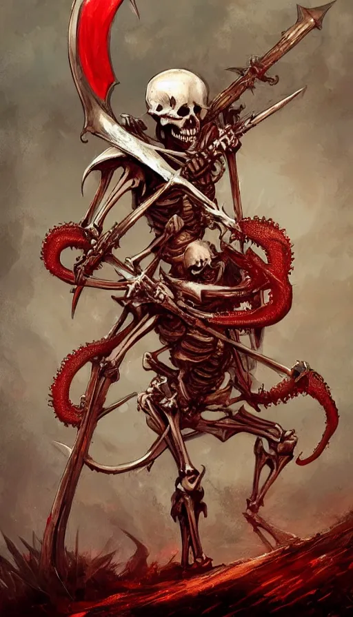 Prompt: a skeleton holding a sword and shield, fantasy digital art, concept art, artstation trending, surrounded by red tentacles, art by frank frazetta