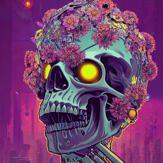 Prompt: a beautiful painting of a cyberpunk skull covered with flowers by simon stalenhag and pascal blanche and alphonse mucha! and nekro! and josan gonzalez!!. in style of digital art. colorful comic, film noirs, symmetry, brush stroke, vibrating colors, hyper detailed. octane render. trending on artstation