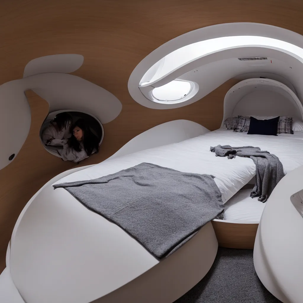 Image similar to inside cozy luxurious curved sleep-pod with wall to wall padding and sound system, ambient lighting, XF IQ4, 150MP, 50mm, F1.4, ISO 200, 1/160s, dawn