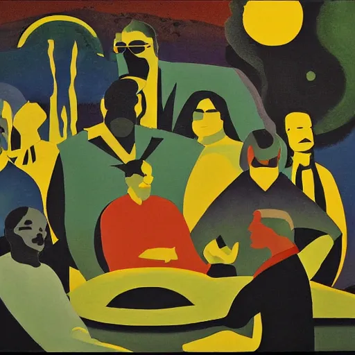 Image similar to bright oil on masonite painting by aaron douglas of a psychedelic conference of scientists / professors / researchers, high detail