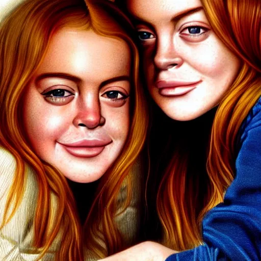 Prompt: intricate beautiful hyperreal portrait of a young lindsay lohan and a young lindsay lohan, smiling softly, casual clothes, relaxing on the couch, home interior, golden hour, close up shot, 8 k, art by irakli nadar, hyperrealism, hyperdetailed, ultra realistic