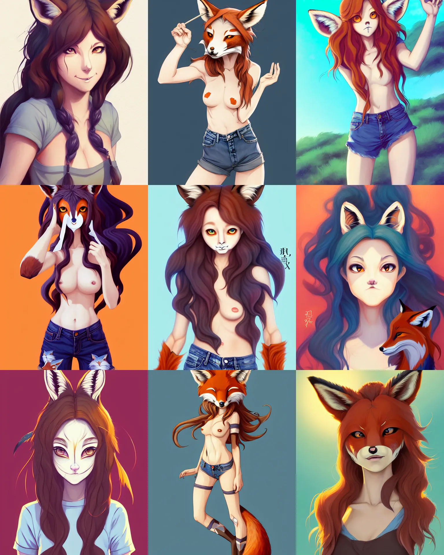 Prompt: fullbody painting of wild half - fox woman with fox nose and ears, wearing summer jeans shorts and tshirt, anime art, concept art, detailed attractive face with fox nose and fox mouth, symmetrical, trending on pixiv, by lois van baarle by sung choi by john kirby artgerm style pascal blanche and magali villeneuve and hayao miyazaki