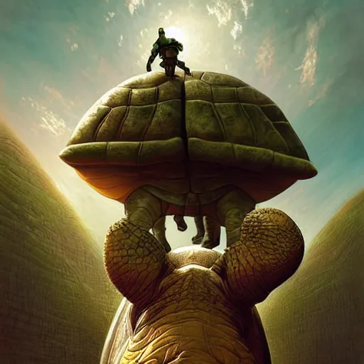 Image similar to a flat world on the back of four elephants, who are standing on the back of a giant turtle floating through space by Marc Simonetti