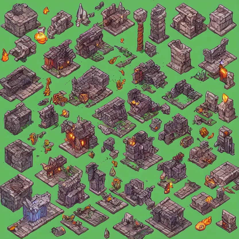 Image similar to set of isometric game tiles, containing a wizard's tower, enemies'hideouts and several resources, colored lineart from resource gathering game