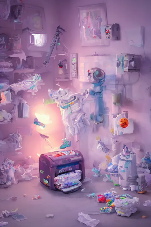 Prompt: Diaper Disposal Robot, Overflowing with Diapers, digital art, fantasy, trending on artstation, professional illustration, cgsociety, ultra detailed, volumetric lighting, celshaded, colorful, girly bedroom, lively, cute