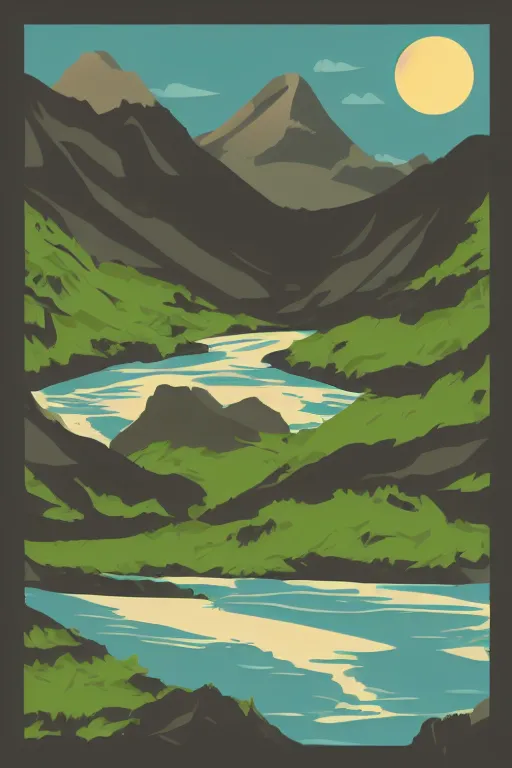 Prompt: mountaintop river flat vector illustration trending on artstation