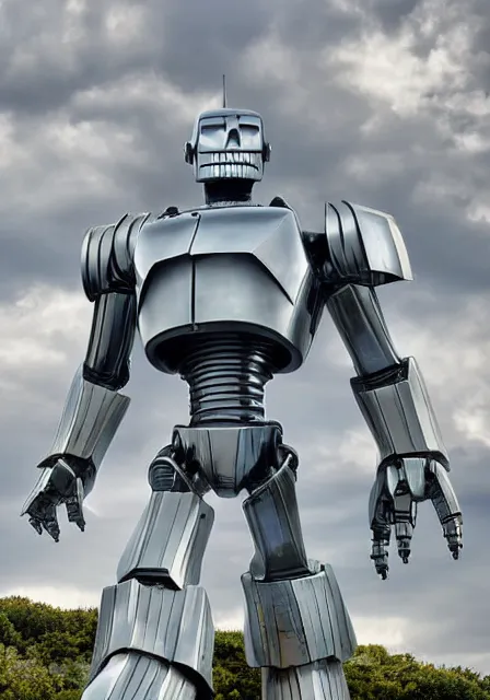 Image similar to The Iron Giant made of shiny white porcelain, HD photograph