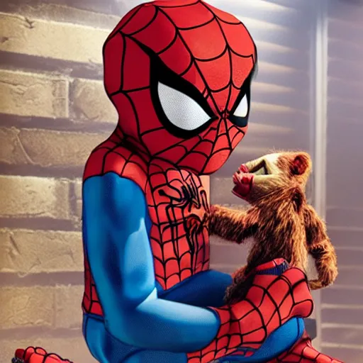 Prompt: spider - man holding chucky the killer doll