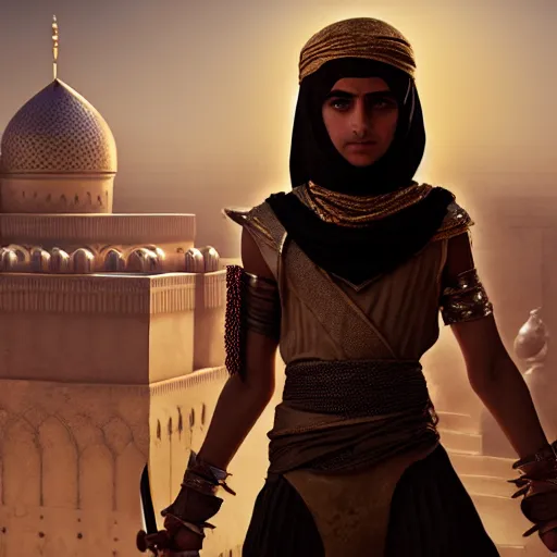 Prompt: a young palestinian princess with dagger, image from prince of persia, by greg rutkowski, very detailed, octane render, unteal engine 5, 4 k