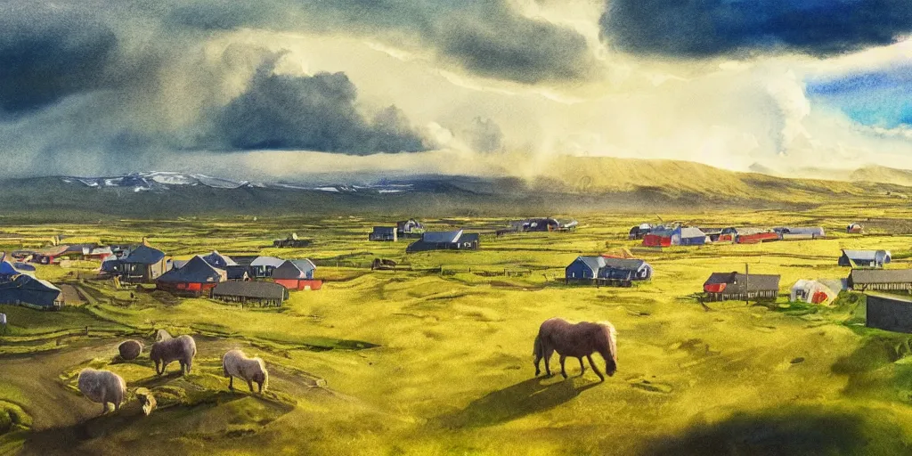 Prompt: a beautiful painting of a icelandic farm, icelandic horses galloping, storm clouds gathering over the town, by studio ghibli 8 k pastel colours, isometric drone shot smeared watercolours, golden light film grain