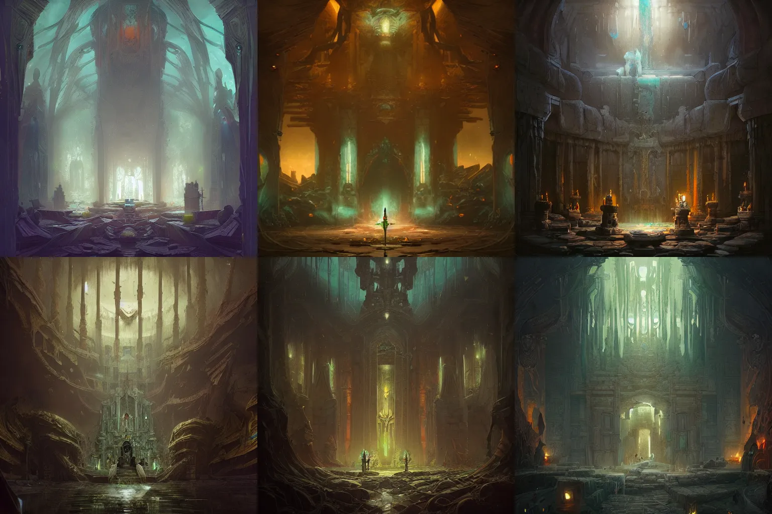 Prompt: Highly Detailed Interior of the drowned temple, shattering walls, creeping gloom, the throne room, stunning atmosphere, Peter Mohrbacher, cinematic lighting