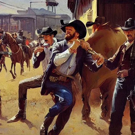 Image similar to cowboys shoot it out in a bar of a western town, 1890s, dynamic, by tom lovell and frank schoonover and dean cornwell and phil hale