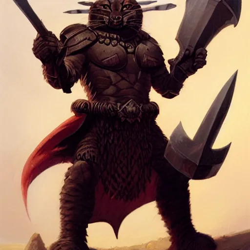 Image similar to ( ( ( full length portrait of a dark tabby tabaxi, halberd, breastplate ) ) ), d & d, tyler jacobson, greg rutkowski, frank frazetta, alexandre chaudret, boris vallejo, michael whelan, miro petrov, magali villeneuve, donato giancola