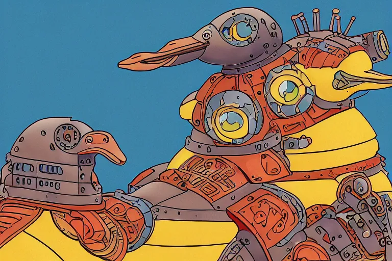 Image similar to illustration of a heavily armoured mechanical duck by studio ghibli, ominous, vivid colors, colorful