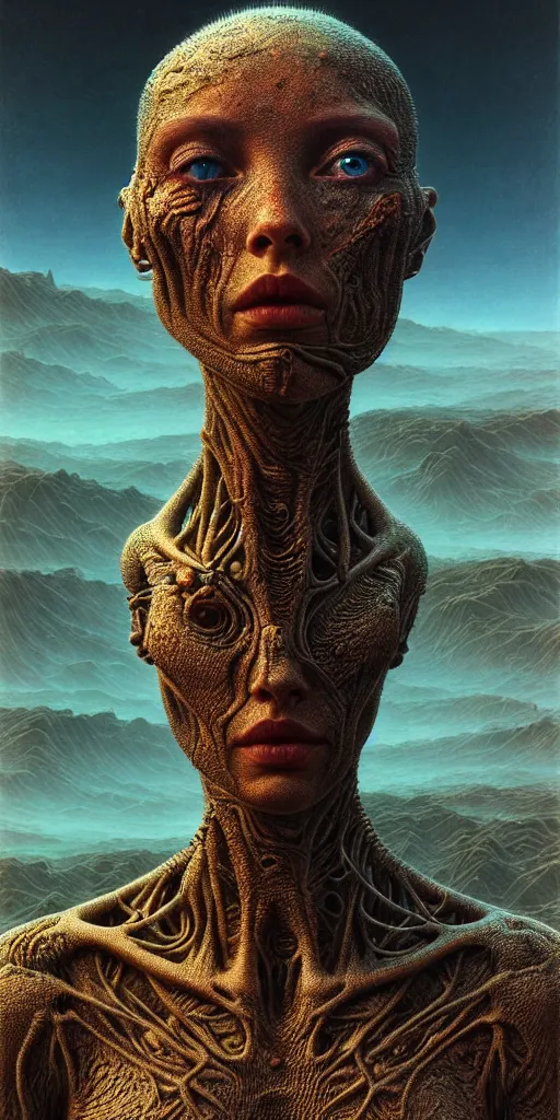 Image similar to ultra realist intricate detailed portrait of a single rugged attractive female on an alien landscape, insanity, accurate features, apocalyptic, very intricate details, 8 k resolution, dim lighting, volumetric lighting, artstyle zdzisław beksinski and keith thompson, award winning