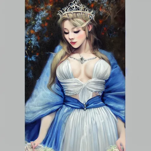 Prompt: Fair forest princess covered in a white and blue robe, masterpiece, painting, trending on art station. Extreme quality