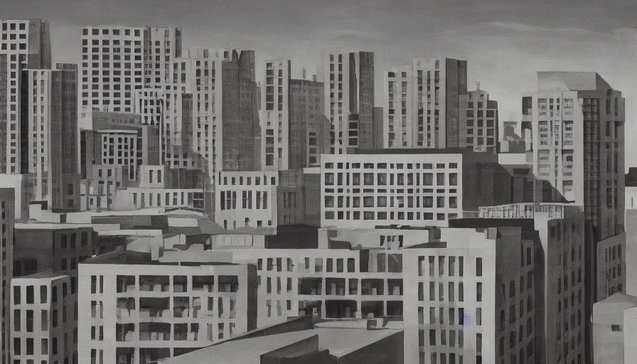 Prompt: american city, modern times, an apartment building, four stories high, with a huge water tank on the roof. the color of the picture is gray, and the painting style is realistic and retro