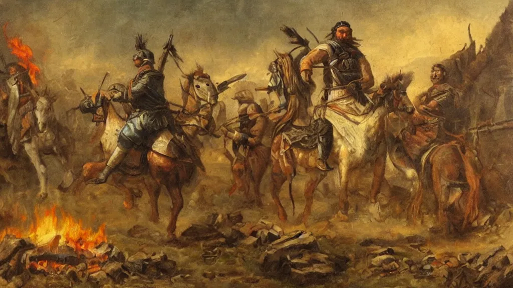 Image similar to nomadic early medieval hunnic khan on horseback surrounded by fires and rubble of roman buildings and mostly destroyed roman buildings, oil painting, cinematic, late antiquity, roman