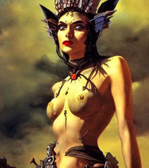 Image similar to evil princess of the wasteland, scrap metal headdress, strong line, deep color, cloudy sky, beautiful! coherent! by brom, by frank frazetta, low angle