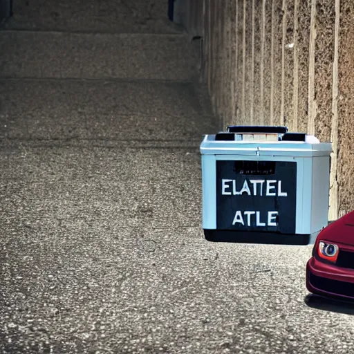 Image similar to an evil car battery is waiting for a man around the corner