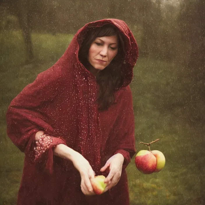 Prompt: a closeup portrait of a woman wearing a hood made of beads, picking apples from a tree, foggy, moody, photograph, by vincent desiderio, canon eos c 3 0 0, ƒ 1. 8, 3 5 mm, 8 k, medium - format print