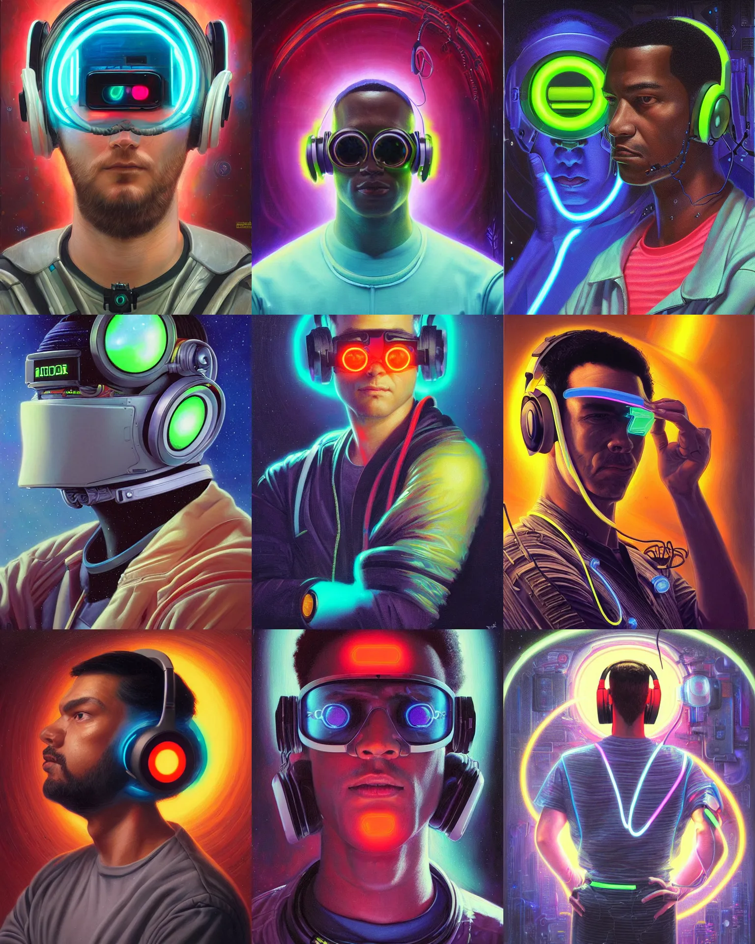 Prompt: neon cyberpunk programmer with glowing geordi cyclops visor over eyes and sleek headphones head turned desaturated portrait painting by donato giancola, dean cornwall, rhads, tom whalen, alex grey astronaut fashion photography